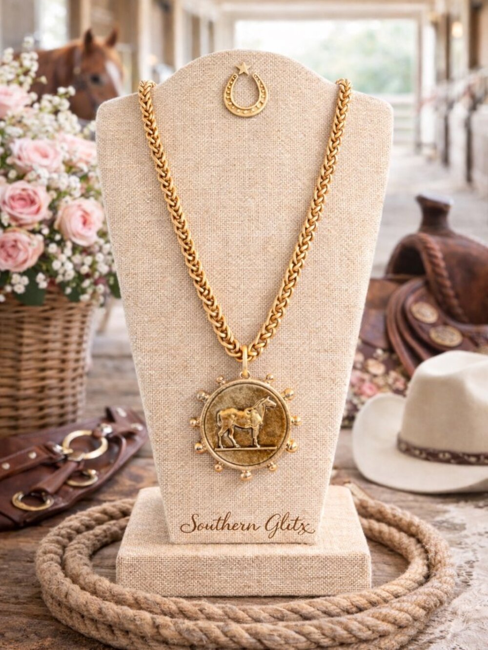 Gold Horse Medallion Necklace | Equestrian Coin Pendant Necklace |